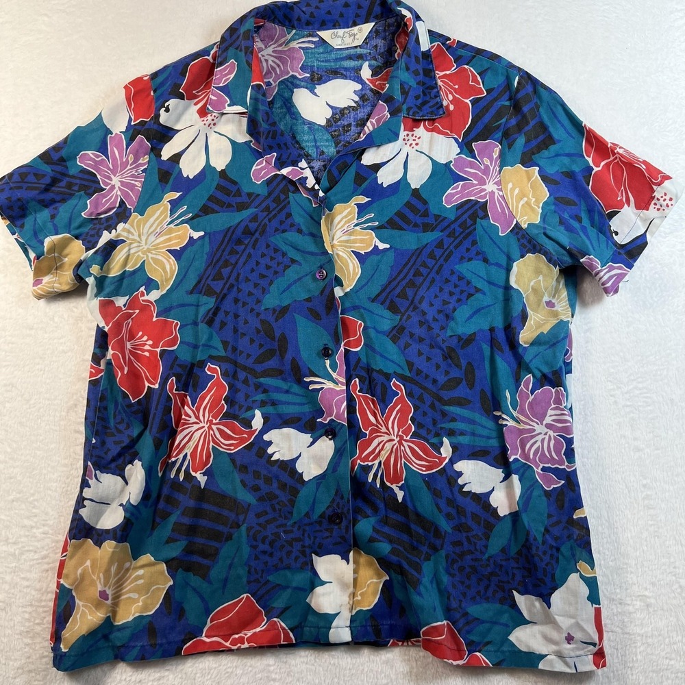 Cheryl Tiegs Shirt Womens 18 Multicolor Floral Hawaiian Button Front Vintage USA